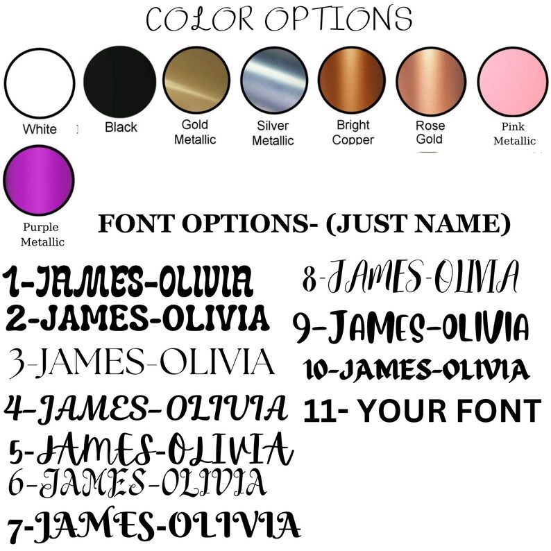 K&ouml;nnte beinhalten: Eine Grafik mit Schriftart- und Farboptionen f&uuml;r einen personalisierten Namen. Die Schriftartoptionen umfassen 11 verschiedene Stile des Namens "JAMES-OLIVIA". Die Farboptionen umfassen Wei&szlig;, Schwarz, Gold Metallic, Silber Metallic, Kupferglanz, Ros&eacute;gold und Pink Metallic.