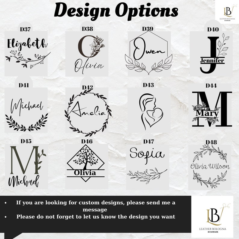 K&ouml;nnte beinhalten: Ein Raster mit 12 Designoptionen f&uuml;r personalisierte Lederwaren. Jedes Design zeigt einen anderen Namen, eine Initial oder ein Symbol, wie einen Baum, ein Herz oder einen Kranz. Die Designs sind von D37 bis D48 nummeriert.