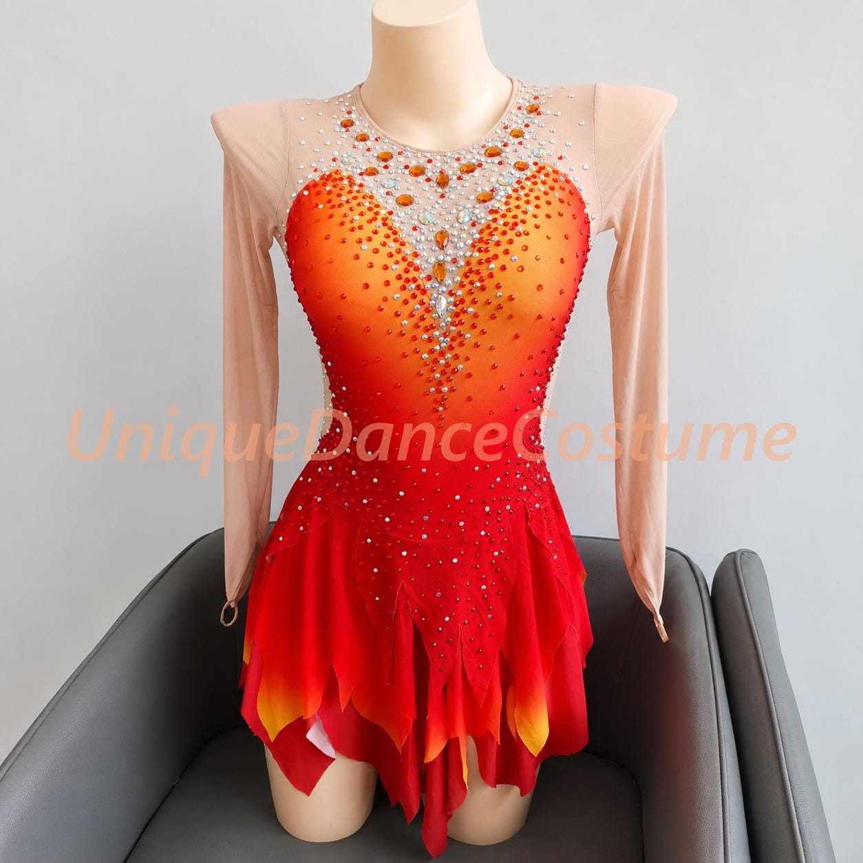 Red And Yellow Flame Gradient Crystal Ice Skating Dress: Long Sleeves Competition Dance Costume