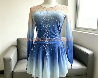 Blue Gradient Crystal Ice Skating Dress: Long Sleeve Competition Costume