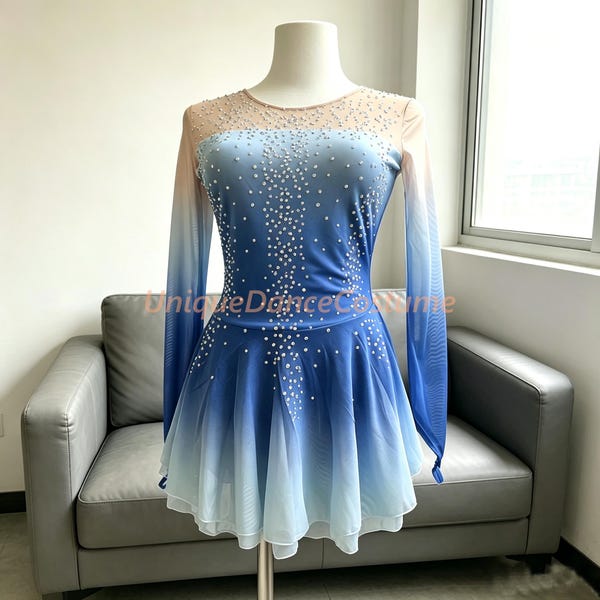 Blue Gradient Crystal Ice Skating Dress: Long Sleeve Competition Costume