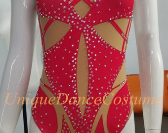 Trajes de baño sincronizados personalizados para niñas y mujeres, cristales de calidad, diamantes de imitación elásticos de calidad, rendimiento del equipo de natación, Rojo