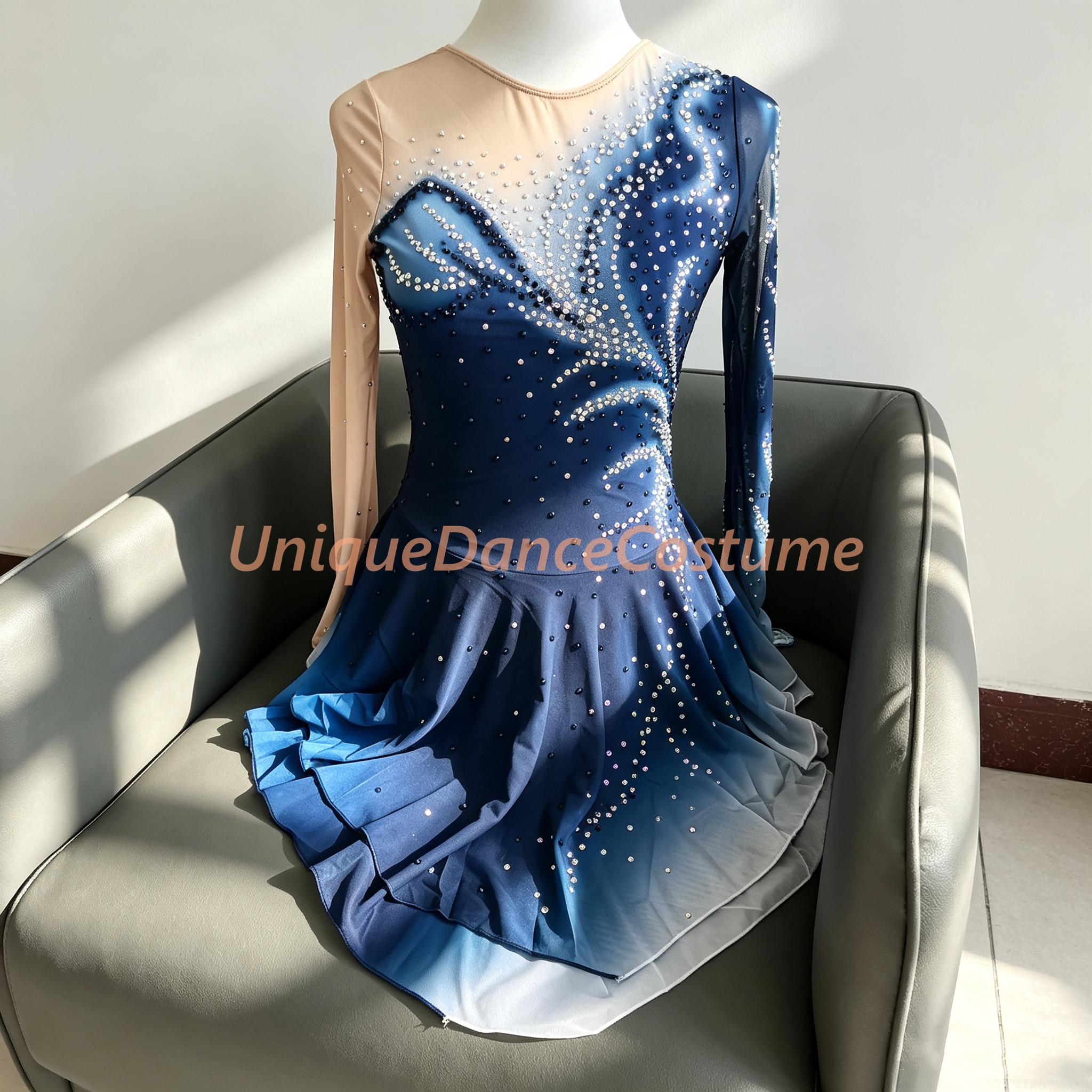 Blue Gradient Crystal Ice Skating Dress: Long Sleeve Competition Costume