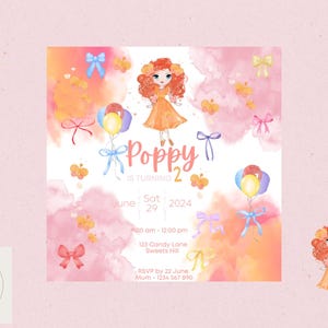 May include: A watercolor birthday invitation for a girl named Poppy turning two. The invitation features a cartoon girl with red hair and a pink dress, surrounded by colorful balloons and butterflies. The text reads "Poppy is turning 2" and includes the date, time, and location of the party.