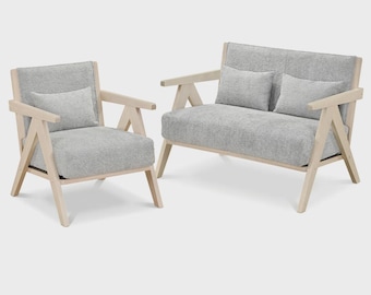 2 Pieces Living Room Furniture Set with Rubber Wood Frame