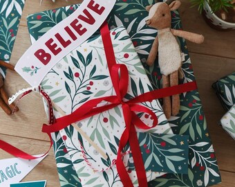 Meredith Weihnachtslaub gemischtes Geschenkpapier-Set, traditionelle und umweltfreundliche recycelbare Weihnachtsgeschenkverpackung, Pflanzenpapier