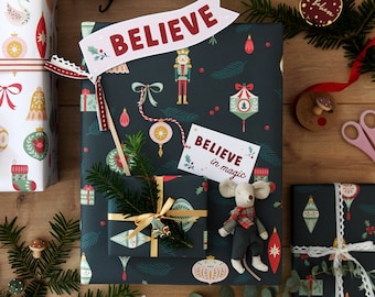 Nutcracker Green Christmas Wrapping Paper Set, Recyclable Believe In Magic Christmas Gift Wrap