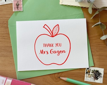 Red Apple Personalised Thank You Teacher Card, End Of School Term Teacher Greetings Card