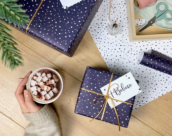 Navy 'I Believe' Christmas Stars Recyclable Wrapping Paper Set