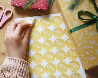 Pegatinas de papel de envolver botánico amarillo reciclado, juego de papel de envolver verde navideño ecológico, etiquetas de envoltura de regalo sin plástico