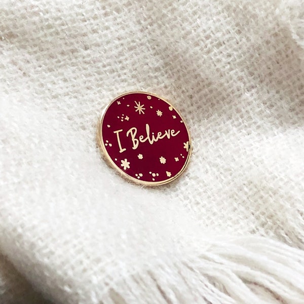 Red I Believe Christmas Enamel Lapel Pin Badge - Deep Red