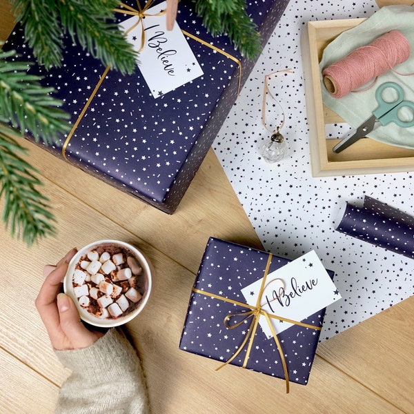 Navy 'I Believe' Christmas Stars Recyclable Wrapping Paper Set