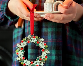 Heirloom Christmas Wreath Enamel Tree Decoration, Vintage Style Holly & Berry Decoration, Traditional Christmas Tree Ornament