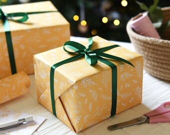 Yellow Botanical Christmas Gift Wrapping Paper Set - Recyclable Eco Friendly Gift Wrap Sheets