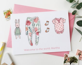 Personalised PINK New Baby Clothes Card, Welcome To The World Newborn Girl Or Boy Keepsake Card