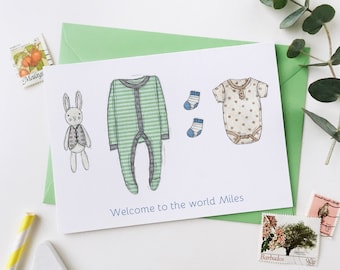 Personalised GREEN New Baby Clothes Card, Welcome To The World Newborn Boy Or Girl Keepsake Card