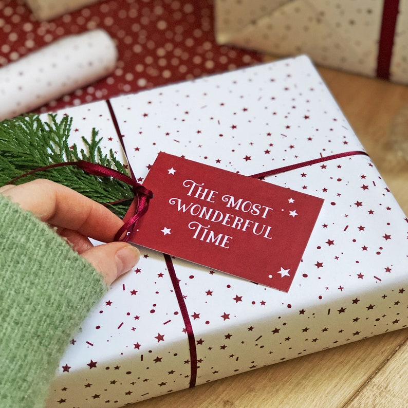 MIXED Red & White Stars 'Wonderful Time' MIXED Recyclable Christmas Wrapping Paper Set image 5