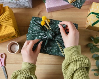 Reusable Green Greenery Fabric Gift Wrap, Furoshiki Cotton Gift Wrapping, Eco Friendly Christmas Wrap