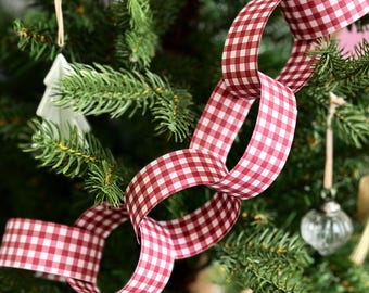 Rot Gingham Weihnachtspapierketten Girlandenset: Traditionelle Vichy-Weihnachtsdekoration, Cottagecore Weihnachtspapierketten-Dekoration