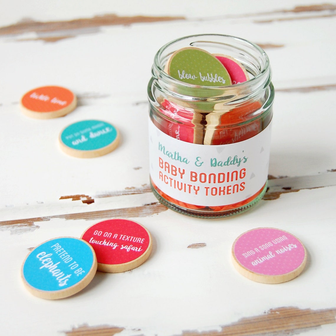 Personalised activity jar contains 15 natural beech wood tokens, with a different coloured activity suggestion on each one. It makes a lovely Fathers Day gift for any dad to be.