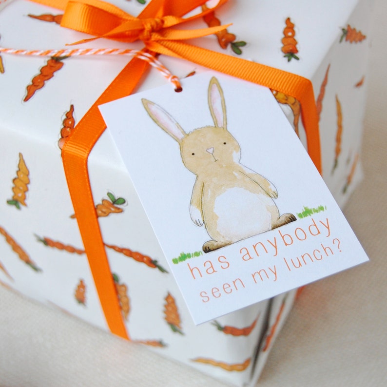 May include: A white gift box with an orange ribbon and a gift tag. The gift tag features a cartoon bunny with the text "has anybody seen my lunch?"