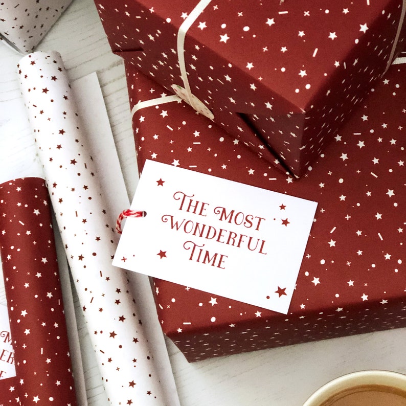 MIXED Red & White Stars 'Wonderful Time' MIXED Recyclable Christmas Wrapping Paper Set image 4