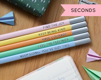 SECONDS / Set Of Five Positive Daily Reminder Pencils, Happy Message Pencils, UK Made Writing Pencils Set