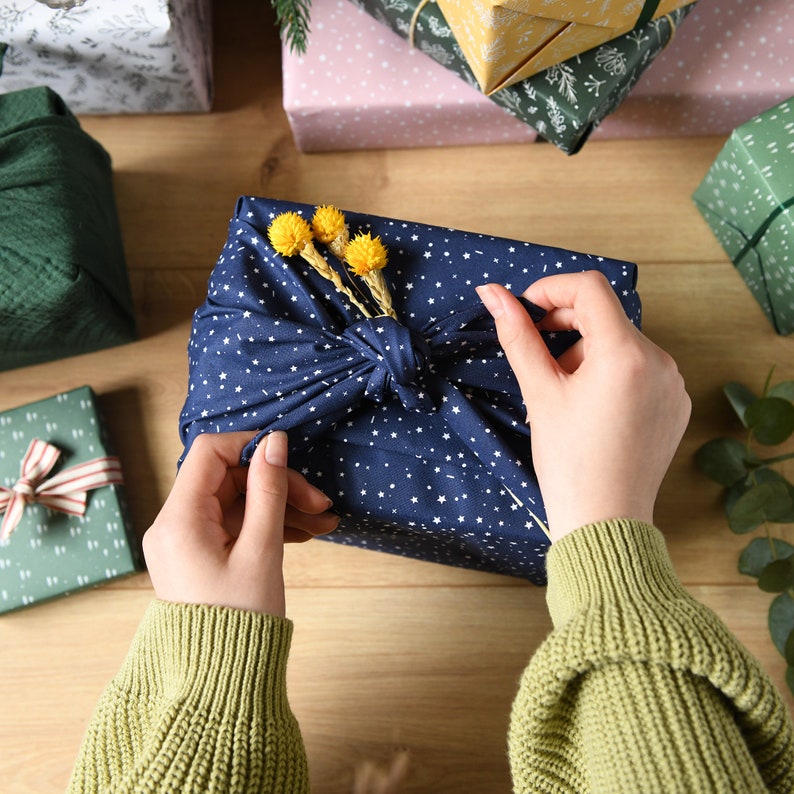 Reusable Navy Stars Fabric Gift Wrap, Furoshiki Cotton Gift Wrapping, Eco Friendly Gift Wrap image 1