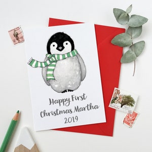 Gepersonaliseerde eerste kerstkaart babypinguïn