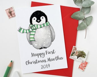 Personalised Baby Penguin First Christmas Card