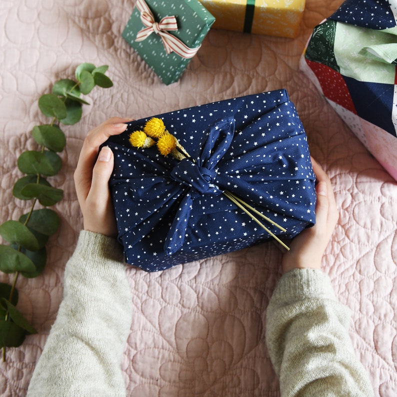 Reusable Navy Stars Fabric Gift Wrap, Furoshiki Cotton Gift Wrapping, Eco Friendly Gift Wrap image 3
