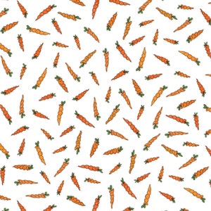 May include: A seamless pattern of orange carrots with green tops on a white background. The carrots are drawn in a cartoon style and are arranged in a random pattern.