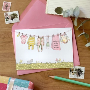 Personalisierte neue Baby Washing Line Karte - Pinks & Gelbs