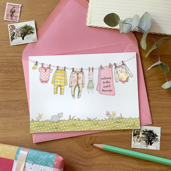 Personalised New Baby Washing Line Card - Pinks & Yellows