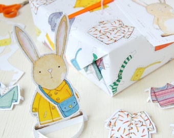 Rabbit Paper Doll Easter Wrapping Paper Set, Paper Doll Dress Up Interactive Easter Craft