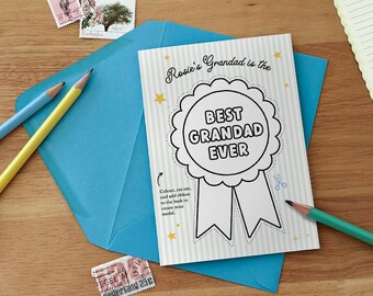 Best Grandad Ever Medal Card, Personalised Grandad Father's Day Card, Colour In Medal Card, Grandad Keepsake Gift from Kids, DIY Craft Card