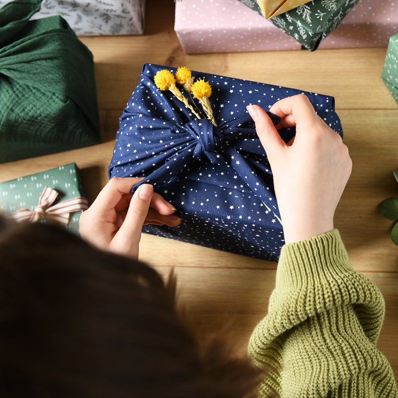 Reusable Navy Stars Fabric Gift Wrap, Furoshiki Cotton Gift Wrapping, Eco Friendly Gift Wrap image 2