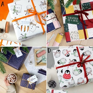 An image split into four sections, each one with a different gift wrap design. The designs in clockwise order are snowman, patchwork, baby penguin, and navy stars.