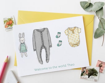 Personalised Yellow New Baby Clothes Card