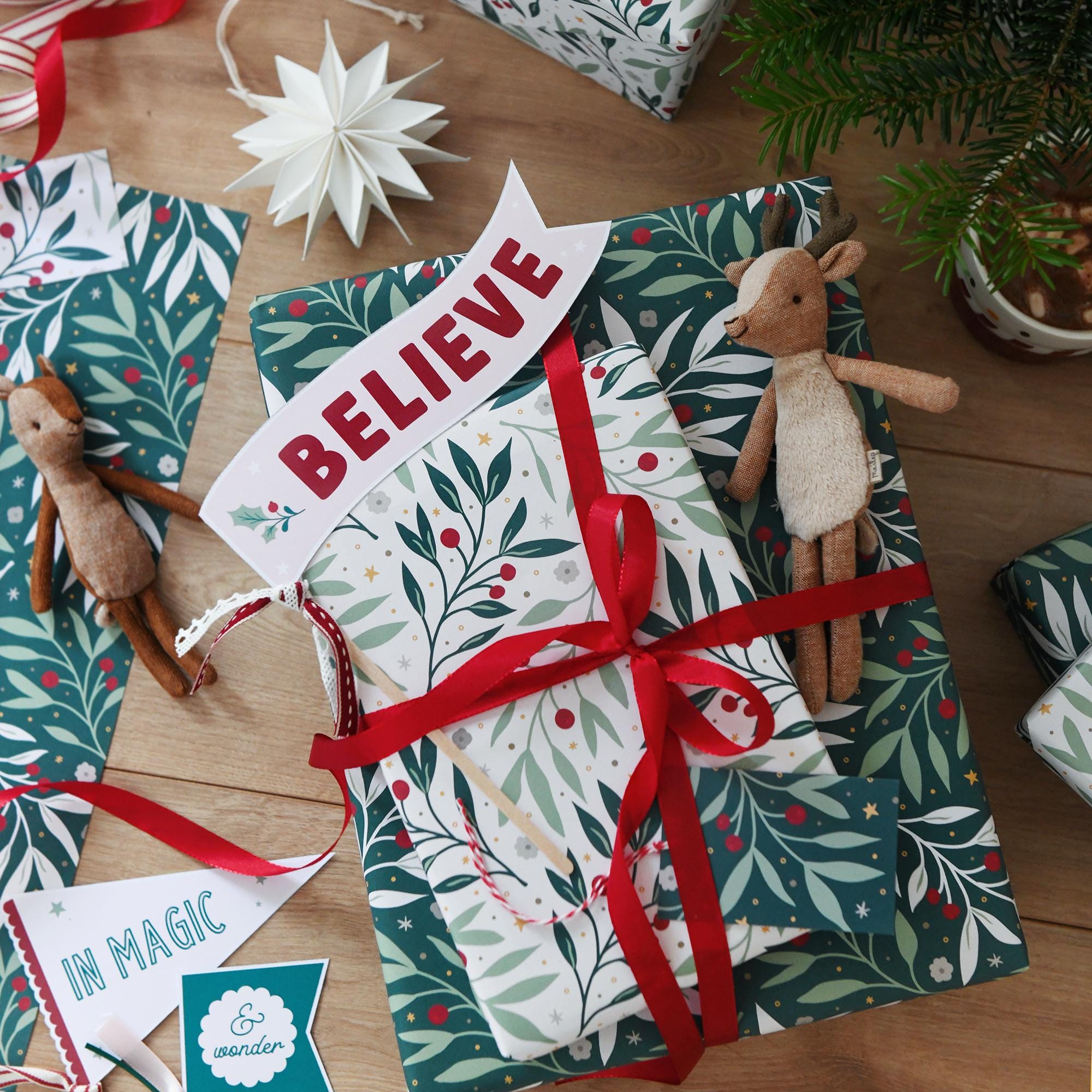 Luxury ECO Xmas Gift Wrap - 6 Sheets/tags - Christmas Scandi Pheasants Grey - Recycled & Recyclable Wrapping Paper - Re-wrapped