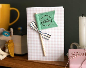 Personalised Daddy And Me Tiny Flag Keepsake Card, Father’s Day Card For Dad, Handmade Felt Pennant Flag Card, First Father’s Day Gift