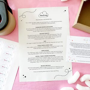 May include: A flat lay of packaging materials from Clara & Macy, including a printed information sheet, stickers, and packing peanuts. The sheet details recyclable materials used, such as cardboard, paper, and tape. The brand's logo is visible.