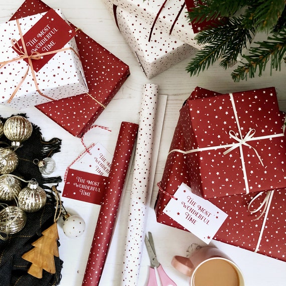 MIXED Red & White Stars 'wonderful Time' MIXED Recyclable Christmas  Wrapping Paper Set 