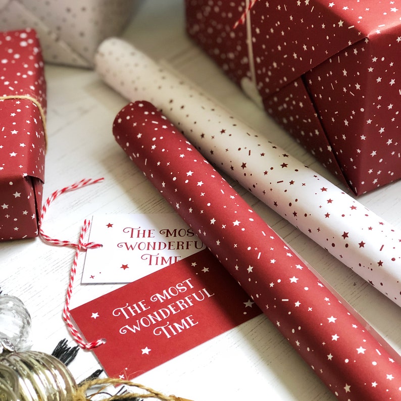 MIXED Red & White Stars 'Wonderful Time' MIXED Recyclable Christmas Wrapping Paper Set image 6