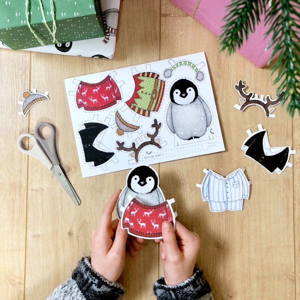 Festive Penguin Dress Up Greeting Card - Children's Paper Doll Christmas Cards, Paper Craft Activity