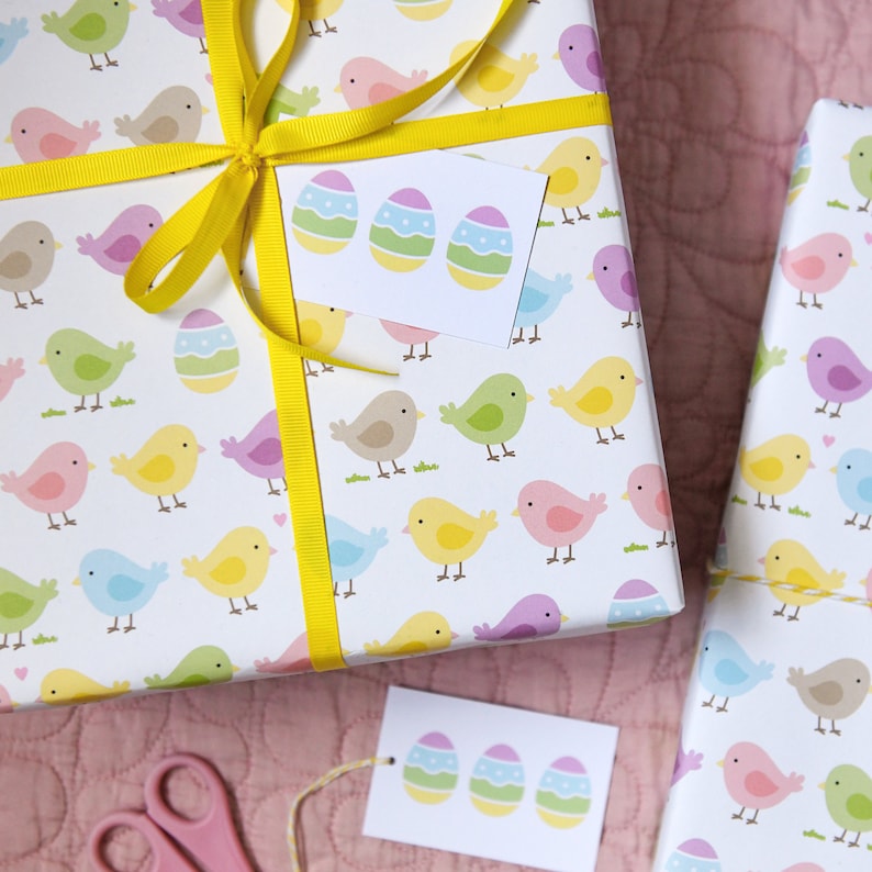 May include: A white gift wrap with a yellow ribbon and a tag. The gift wrap has a pattern of colorful birds and eggs. The tag has a pattern of three colorful eggs.