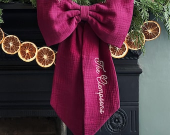 Personalised Family Name Christmas Bow Decoration: Handmade Tree Topper Bow, Luxury Heirloom Family Gift, Cottagecore Christmas Decoration