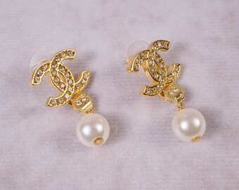 Vintage Chanel Golden CC Logo Earrings With Perl Details