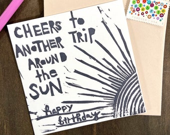 cheers to another trip around the sun / happy birthday notecard - hand printed - blank inside