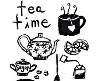 tea time - linoleum block print - 9"x12" wall art